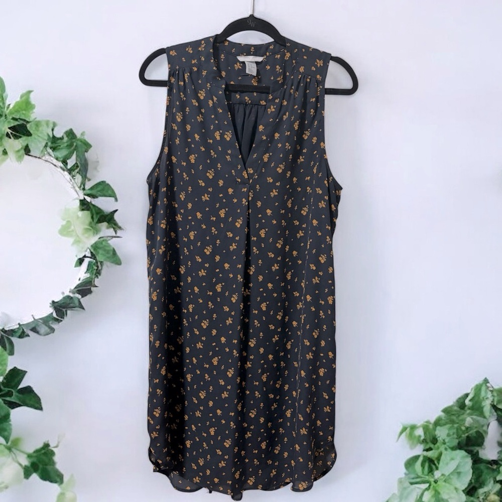 H&M (10) Sleeveless Floral Dress V-Neck Elastic Cinch Tie Belt Navy Orange - 10